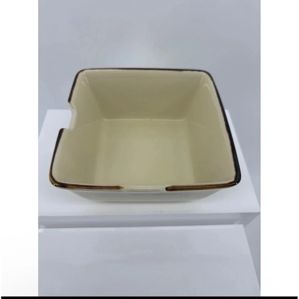Pottery Barn Asian Square 12pc Set 6 Noodle Bowls 6 Plates Putty Brown Rim Japan